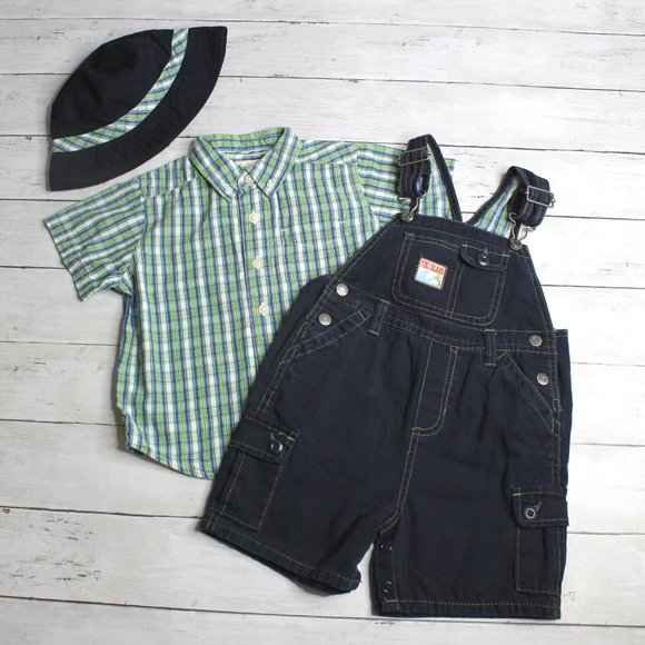 TCP Vintage Baby Boy Bib Overall Shorts Shirt Bucket Hat Set Size 24 Mo - Picture 2 of 9